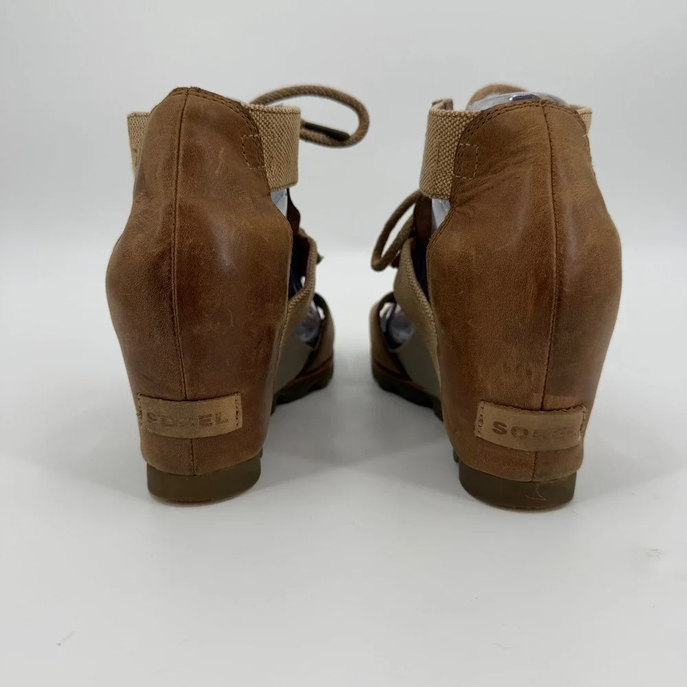 Sorel Joanie Lace Tan Leather Canvas Wedge Sandals NL2441-286 Womens 10